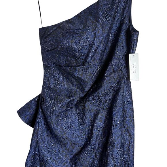 Rickie Freeman Teri Jon Navy One-Shoulder Jacquard Side-Ruffle Evening Gown 16 - Picture 11 of 14